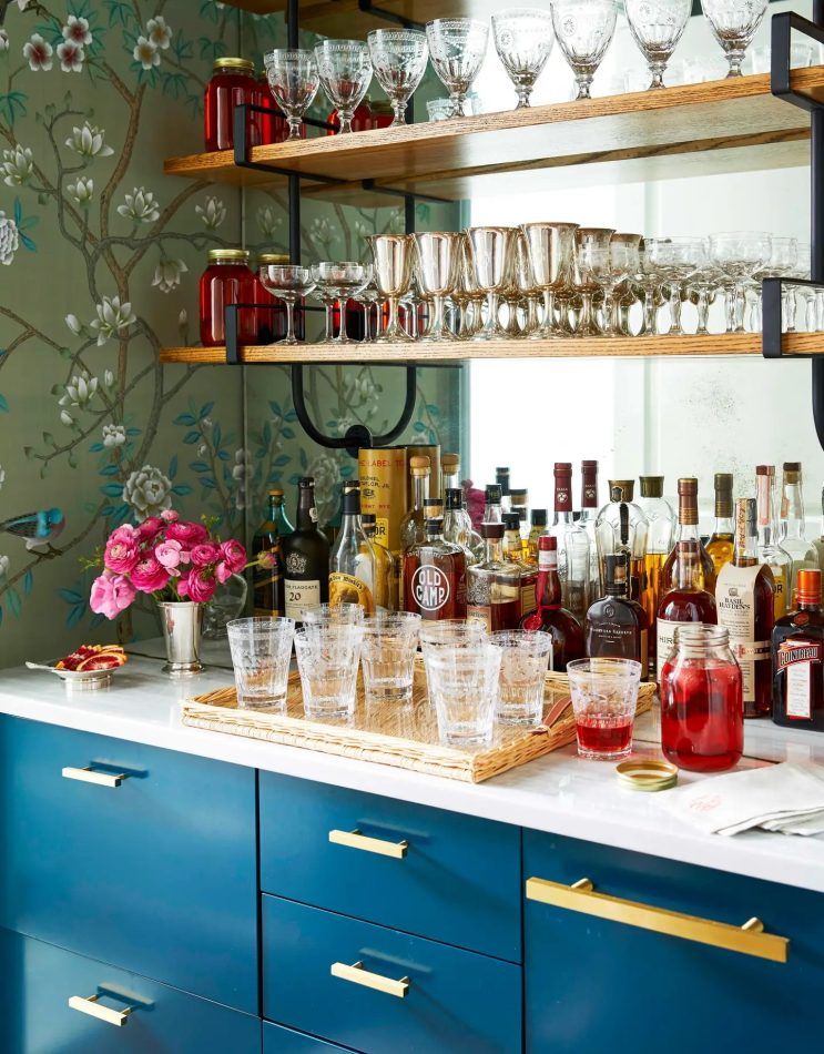Hollywood Regency–style bar nook in a Charlotte home by Barrie Benson.