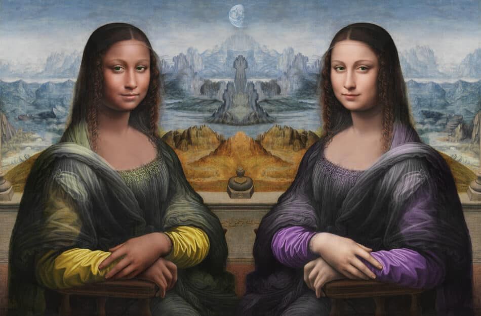 Le sorelle Gioconde dell'orbitale 29, 2020, by Daïm Aggott-Hönsch, is a speculative digital remix of the Prado Mona Lisa, c. 1503–16, by Leonardo Da Vinci's workshop.