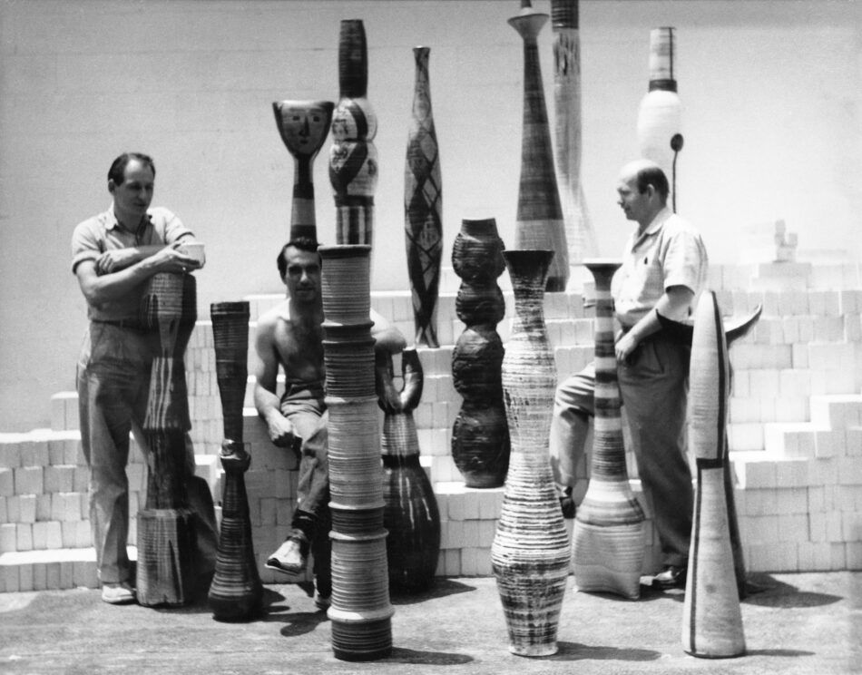 American ceramics legend Peter Voulkos with his students Paul Soldner and John Mason.