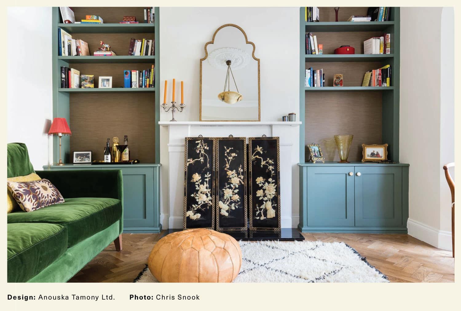 Photo of living room with a fireplace as its focal point designed by Anouska Tamony Ltd. 