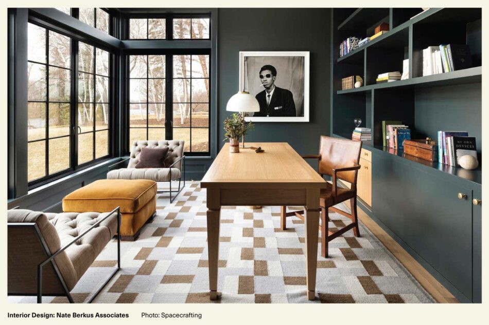 Nat Berkus Associates office study room with dark walls and a checkered rug