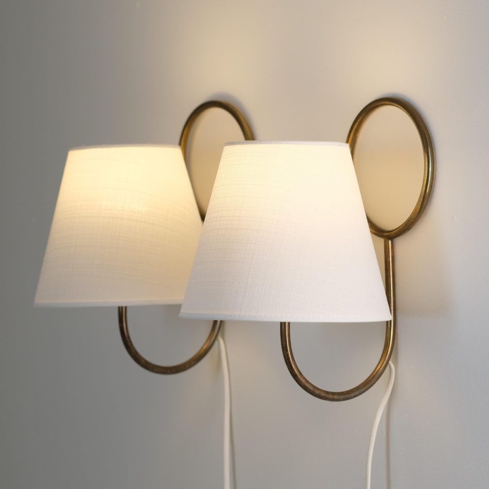 Pair of minimalist Nordic modern brass and fabric scones, ca. 1950s