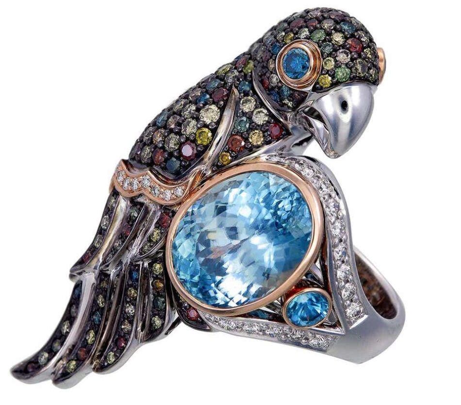 Zorab Creation 13.13-carat blue zircon Bird of Paradise ring, 2020