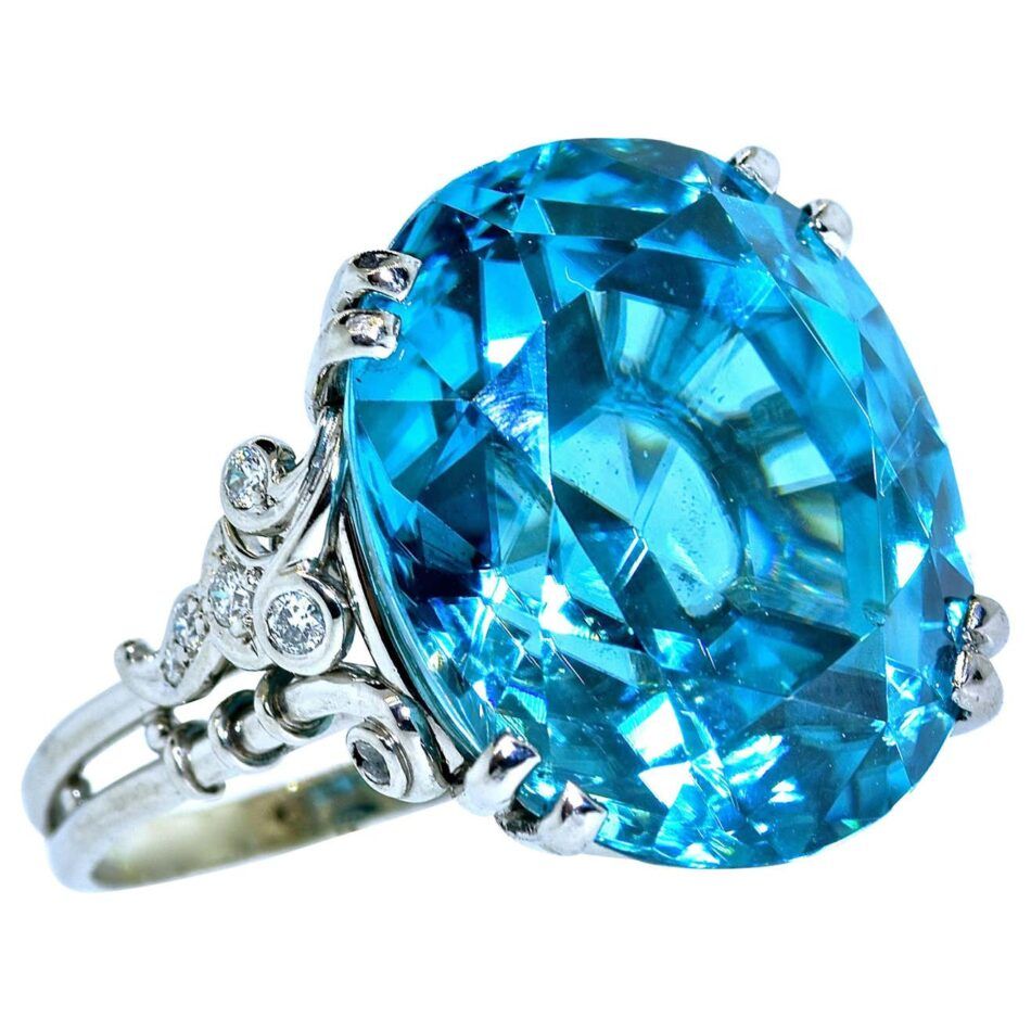 32-carat blue zircon and diamond platinum ring, 1940