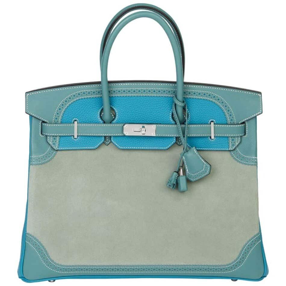 Hermès turquouise Clemence, Ciel Evercolor and grizzly suede Ghillies Birkin 35, 2015