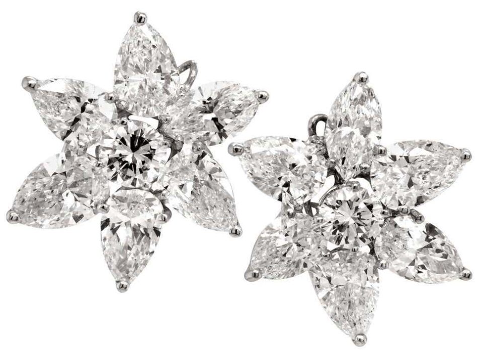 17.50 Carat Pear Marquise Round Cut Diamond Platinum Cluster Stud Earrings, 2021