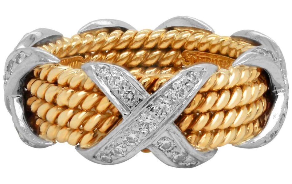 Jean Schlumberger for Tiffany & Co. 18 Karat Gold Platinum Diamonds Rope Four-Row X Ring, 21st century