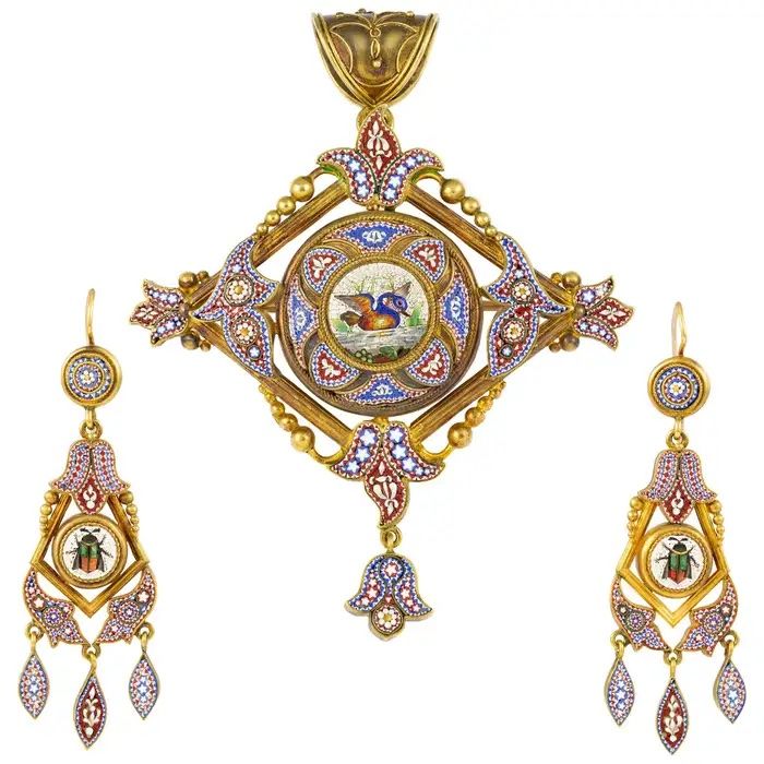 Micro mosaic pendant and earring suite, ca. 1840