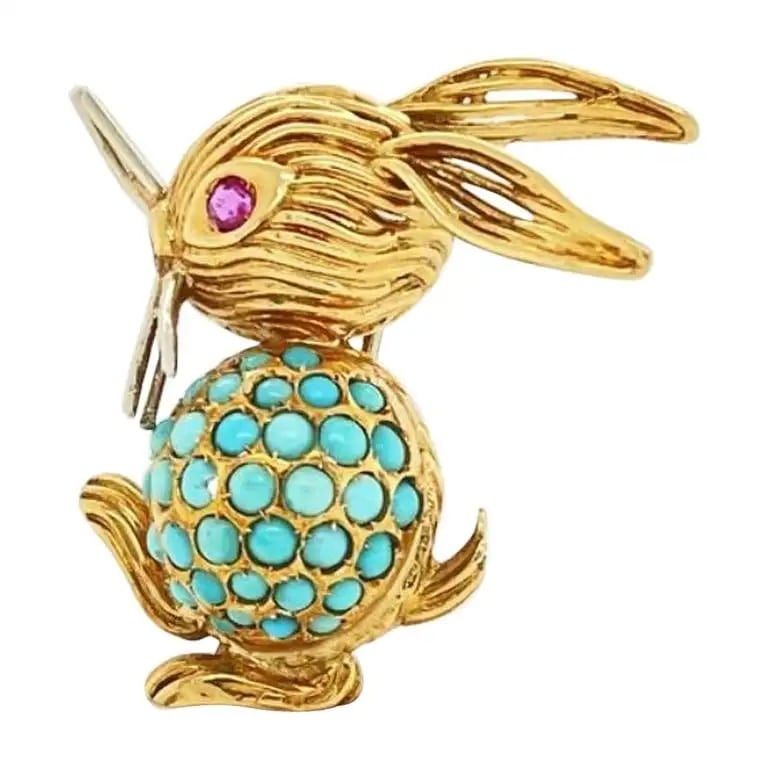 Gold, turquoise and ruby rabbit brooch