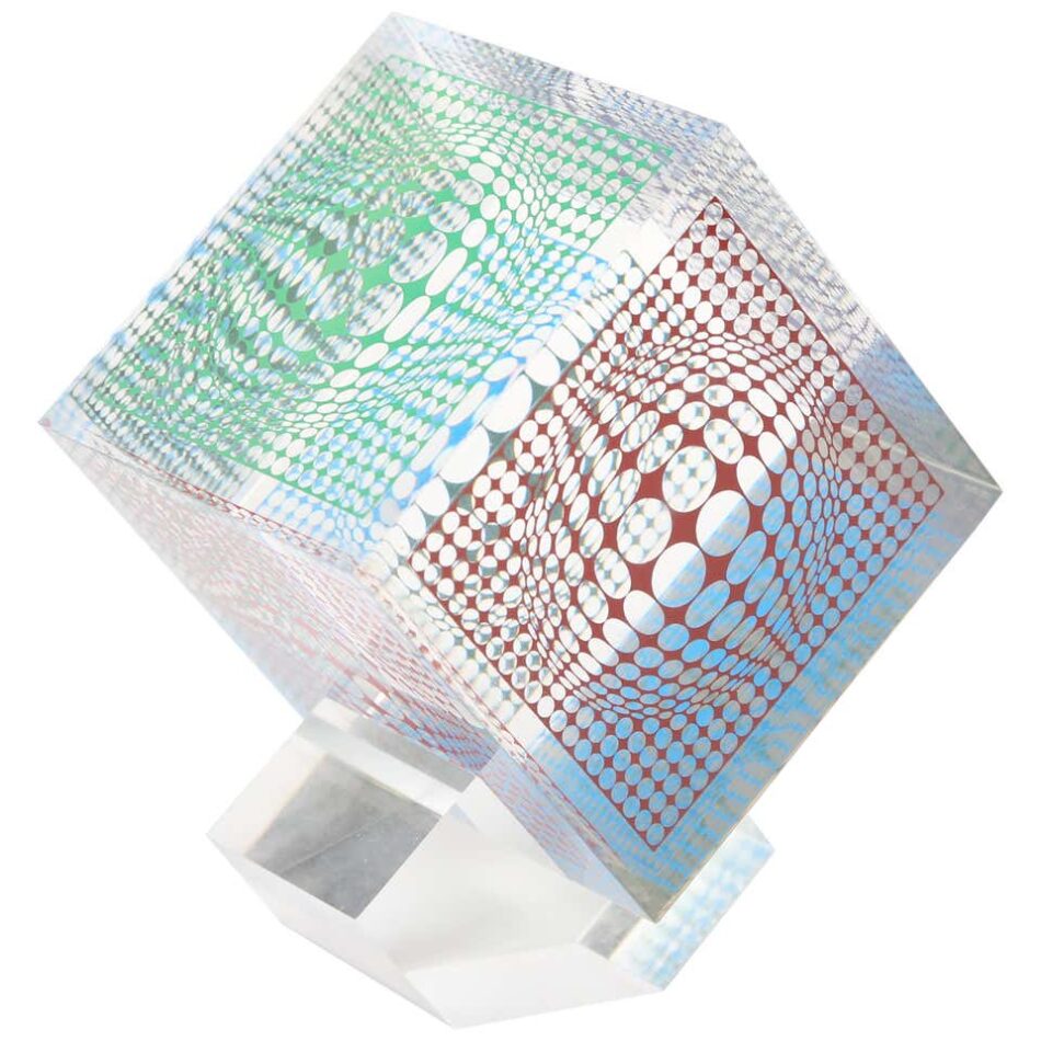 Silkscreened acrylic cube, 1970s, by Victor Vasarely