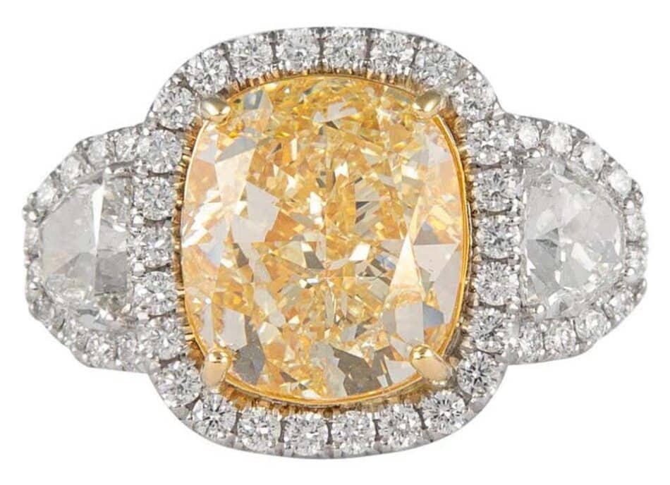 GIA Certified 10.25ct Fancy Yellow Diamond Three Stone with Halo Ring 18k Gold, new