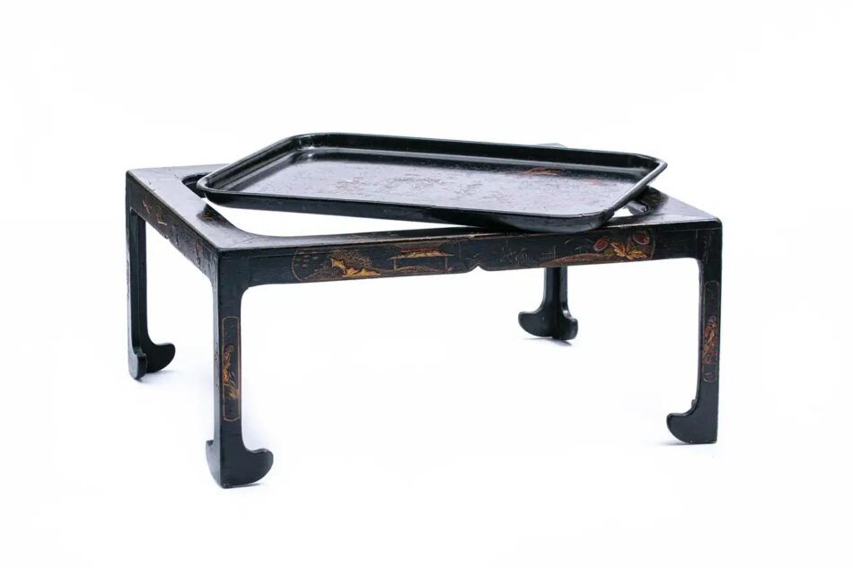 black lacquer tea table with a removable tray