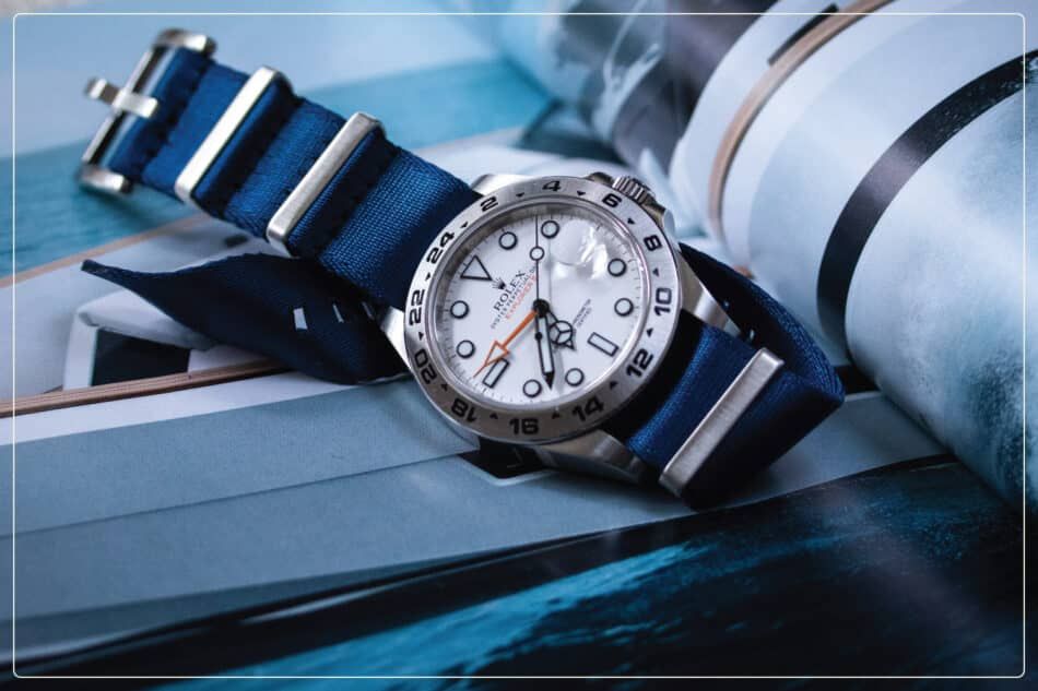 Rolex Explorer watch with a blue bracelet