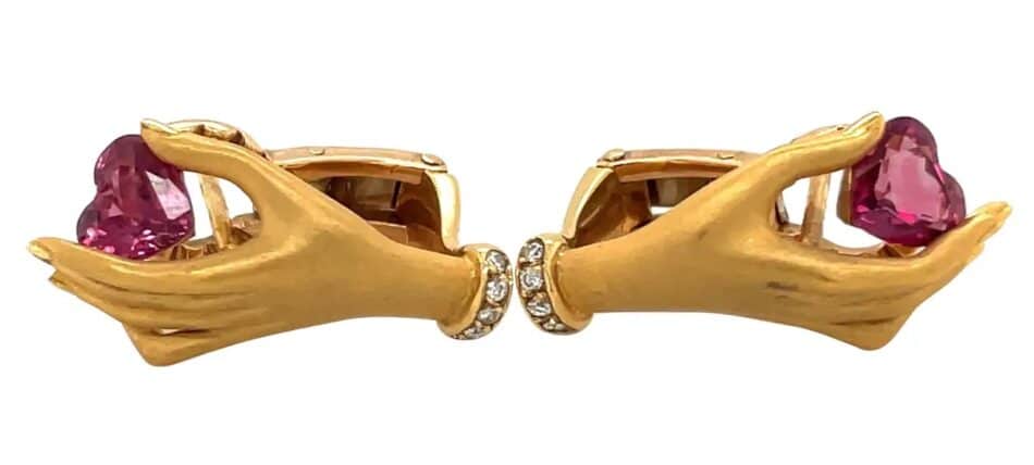 Carrera Y Carrera 18-karat yellow gold, ruby and diamond hand earrings, 1987