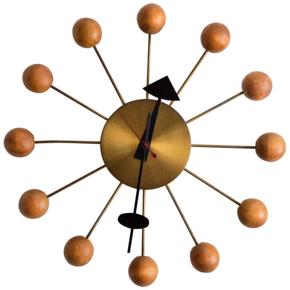 George Nelson Ball Wall Clock No. 4755 in Brass, Steel and Maple Wood, 1948-1950