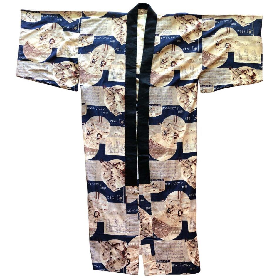 Japanese kimono with Los Angeles Olympic and sports motifs and black trim