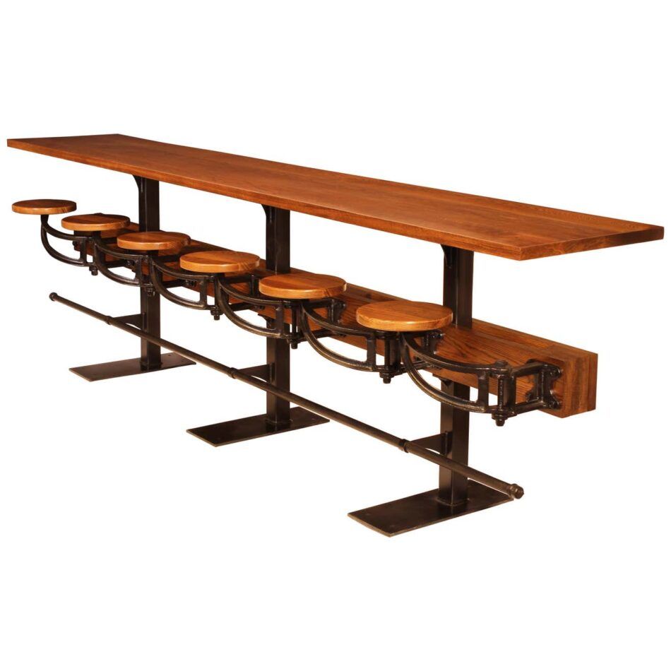 Pub table with attached swing out seats