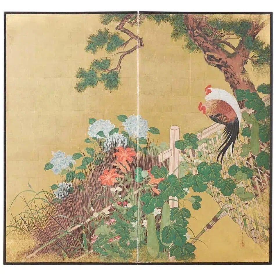 Japanese Two-Panel Showa Screen of Two Roosters, mid 20th-century, offered by Erin Lane Estate