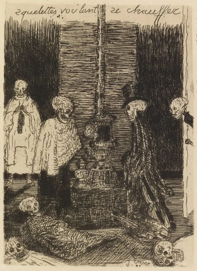 Skeletons warming themselves, 1895, by James Ensor