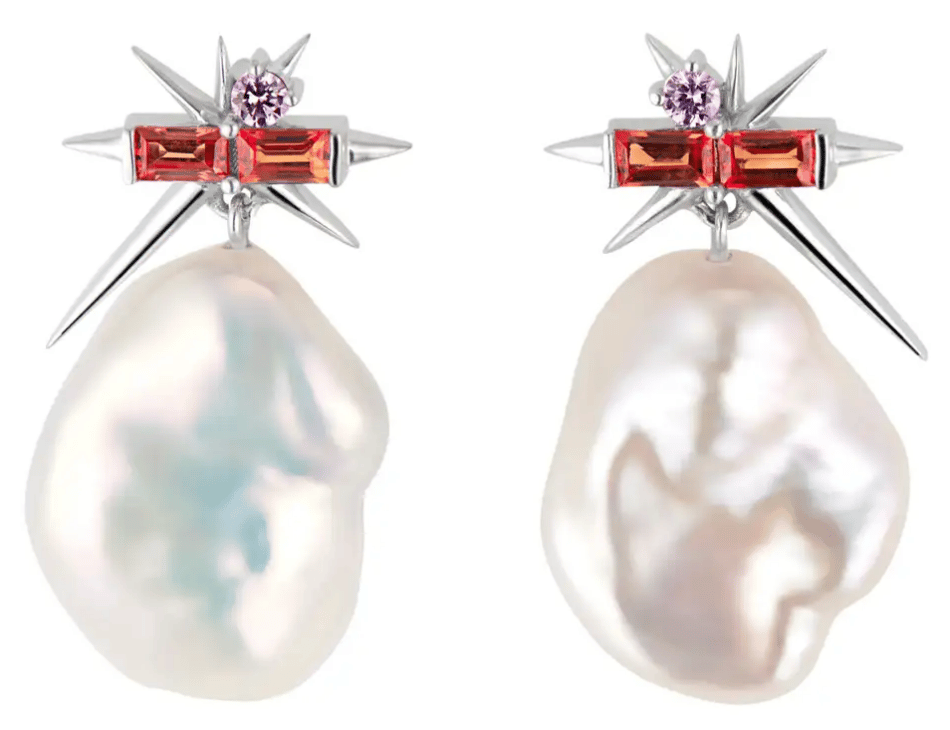 White gold, sapphire and baroque pearl drop earrings
