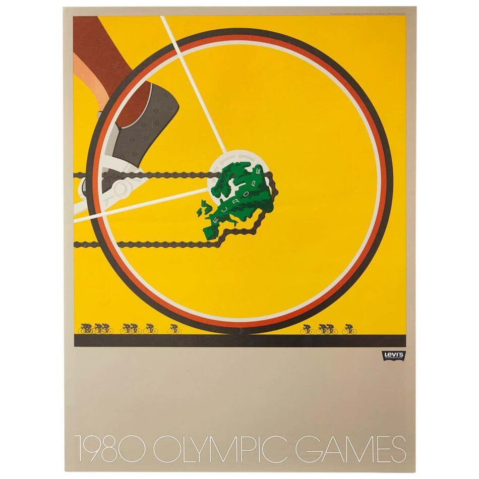 One poster from set of 6 original 1980 Moscow Olympic Games Levi's poster collection. Poster displays the back wheel of a bicycle with a map of Europe in the center of the wheel