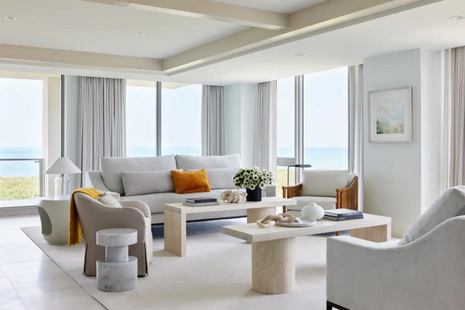 In the great room of a Naples, Florida, vacation home, designer Kara Mann captured what she calls “elevated, relaxed, family living.”