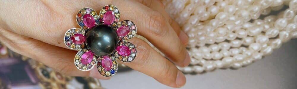Bochic Capri Black Pearl and Pink Sapphire Cocktail Ring Set in 22k Gold & Silver