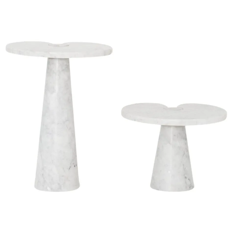 Two white Carrara marble accent tables of different sizes, designed by Angelo Mangiarotti, stand next to each other. 