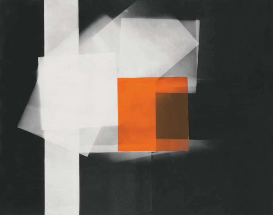 Untitled (Blurred White Squares on Black and Orange Gel Sheet), ca. 1952, by William Klein,