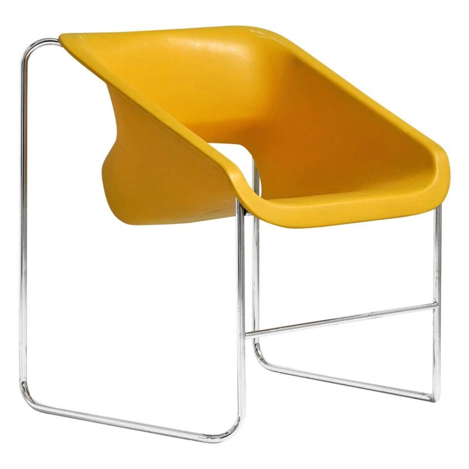Yellow Artopex Lotus chair with silver metal accents by Paul Boulva