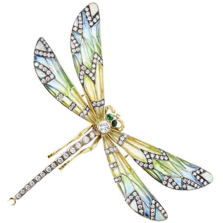 Plique-à-jour dragonfly pin, 1890–1910