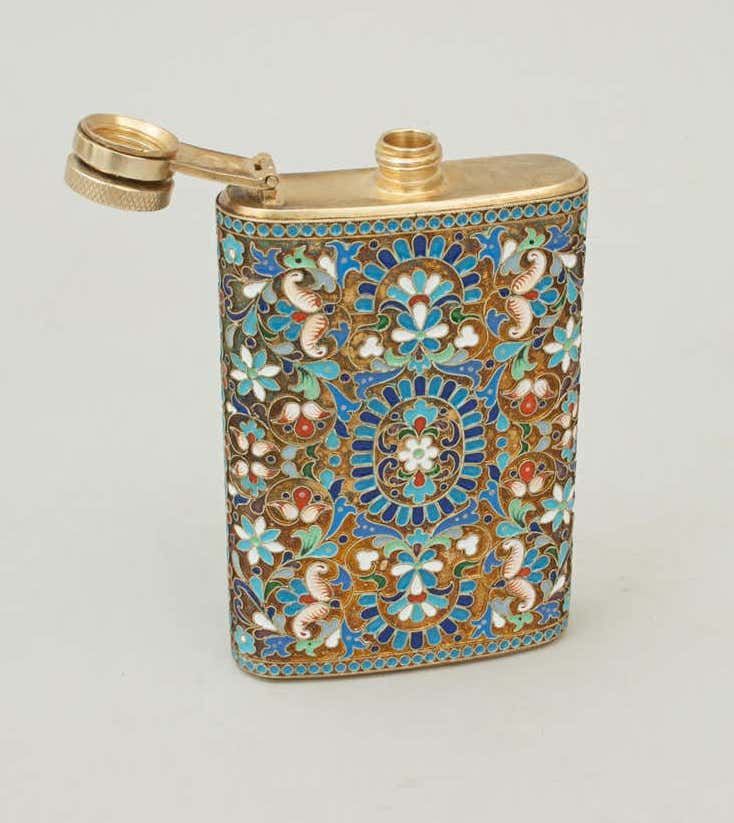 Russian hip flask with cloisonné enamel on silver, 1930s