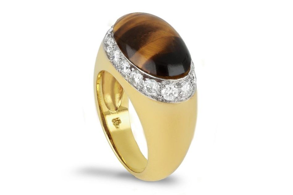 Kutchinsky tiger's eye and diamond ring, English, 1972