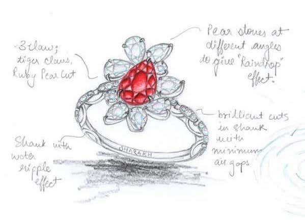 ring sketch with pigeon's blood ruby loose stone