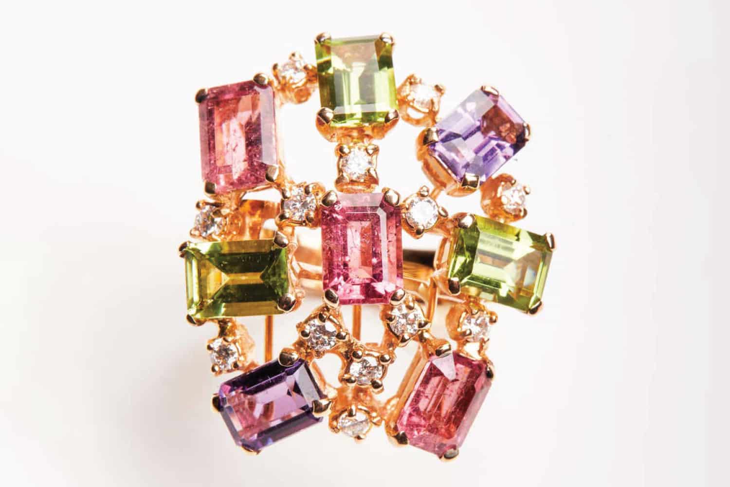 18 Karat Rose Gold Diamond Tourmaline Amethyst and Peridot Cluster Ring