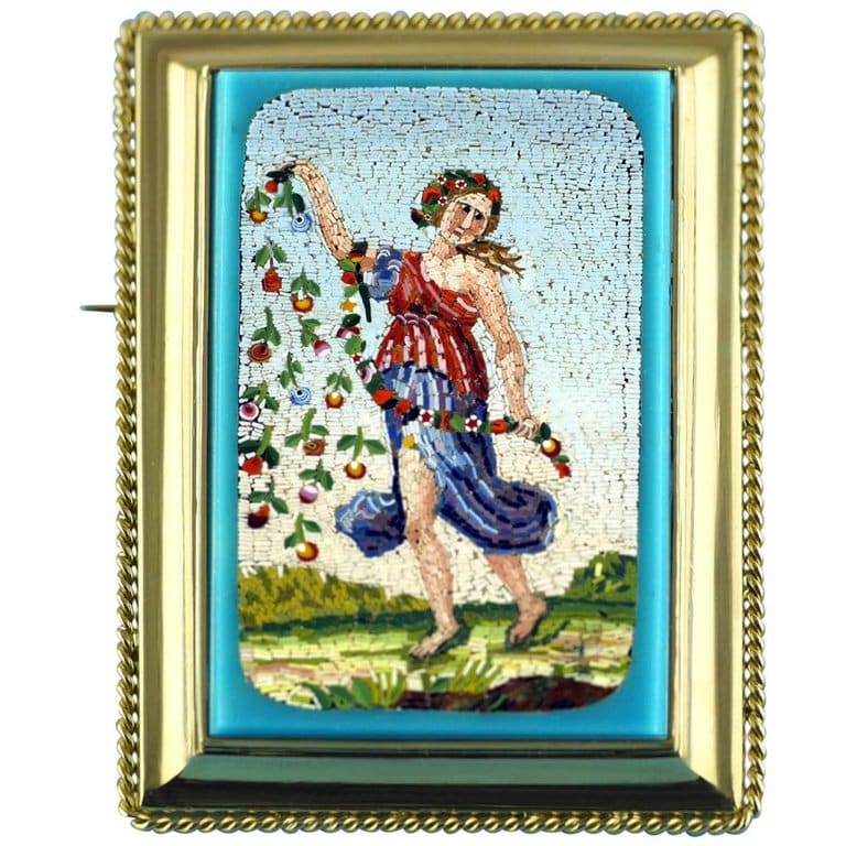 Victorian micro-mosaic brooch depicting the goddess Flora, ca. 1850
