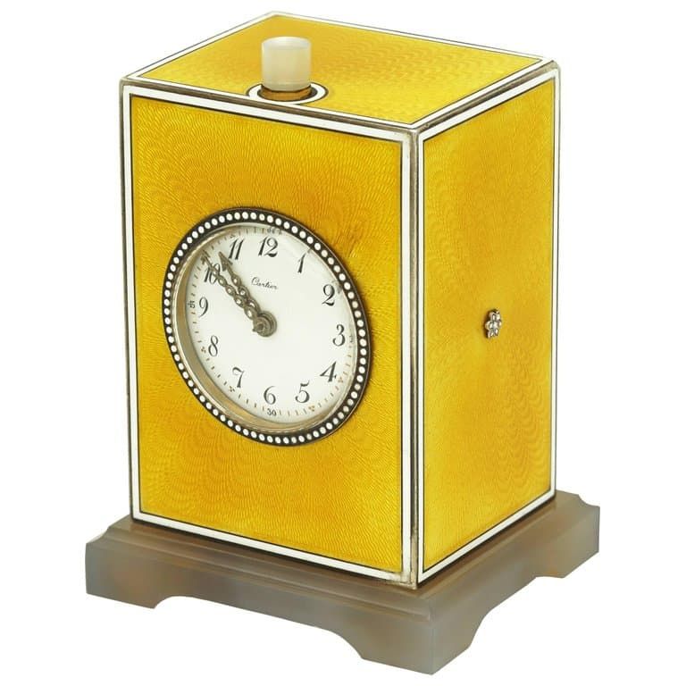 Edwardian Cartier clock in yellow enamel, silver, agate and diamonds, 1900–5 