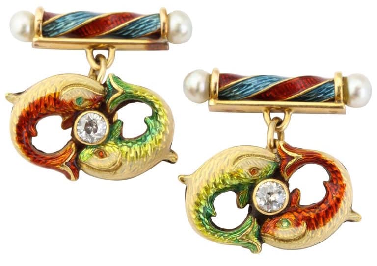 Antique English Yellow Gold Cloisonné Enamel Diamond and Pearl Fish Cufflinks