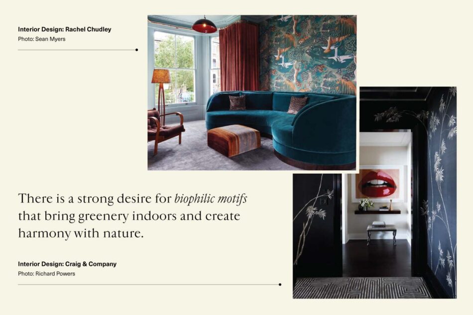 two images of biophilic motifs side by side. the one of the left is a living room with teal couch. the one on the right is a entryway with photograph of red lips on the wall.