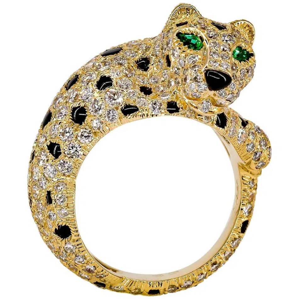 Cartier Panthere Rare Diamond Emerald, Onyx and Gold Ring, 20th century