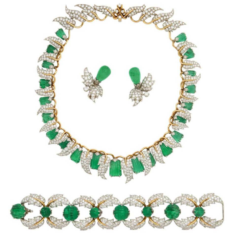 Jean Schlumberger for Tiffany & Co. Carved Emerald Diamond Gold Set