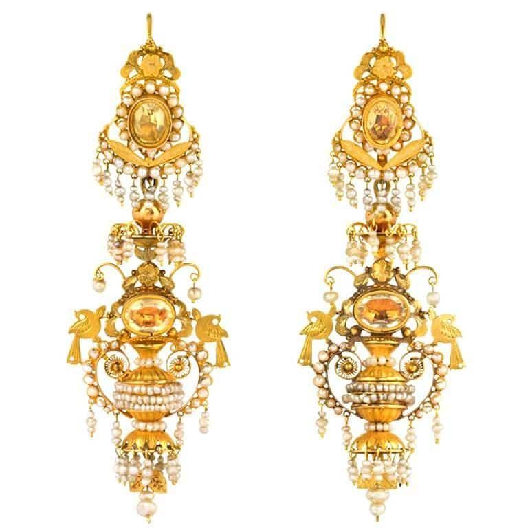 Gold, citrine and seed pearl earrings, ca. 1820