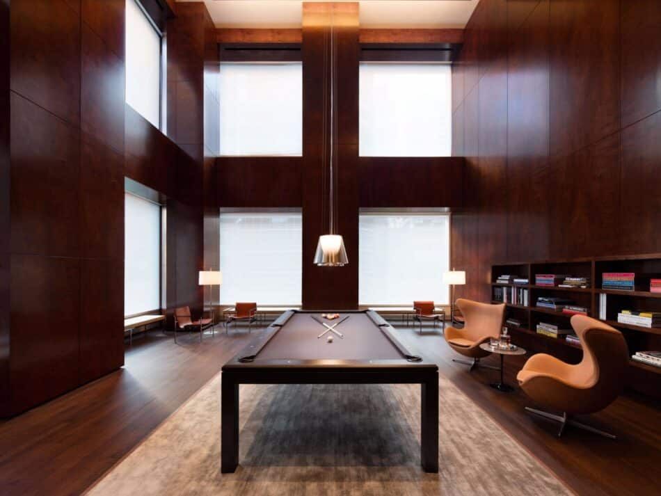 The billiards room and library at 432 Park Avenue, New York’s super-tall residential skyscraper designed by Rafael Viñoly