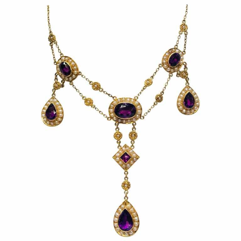 Siberian Amethyst Pearl Yellow Gold Chandelier Necklace
