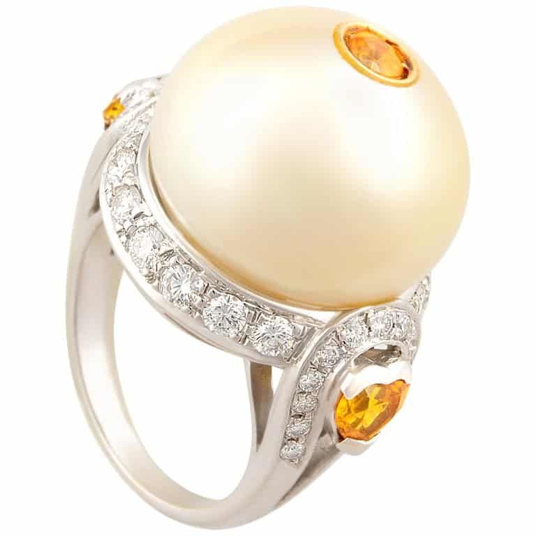 Ella Gafter golden pearl and diamond ring with yellow sapphires