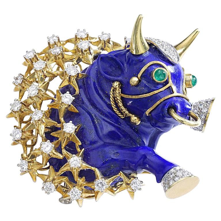Taurus lapis, lazuli and diamond brooch