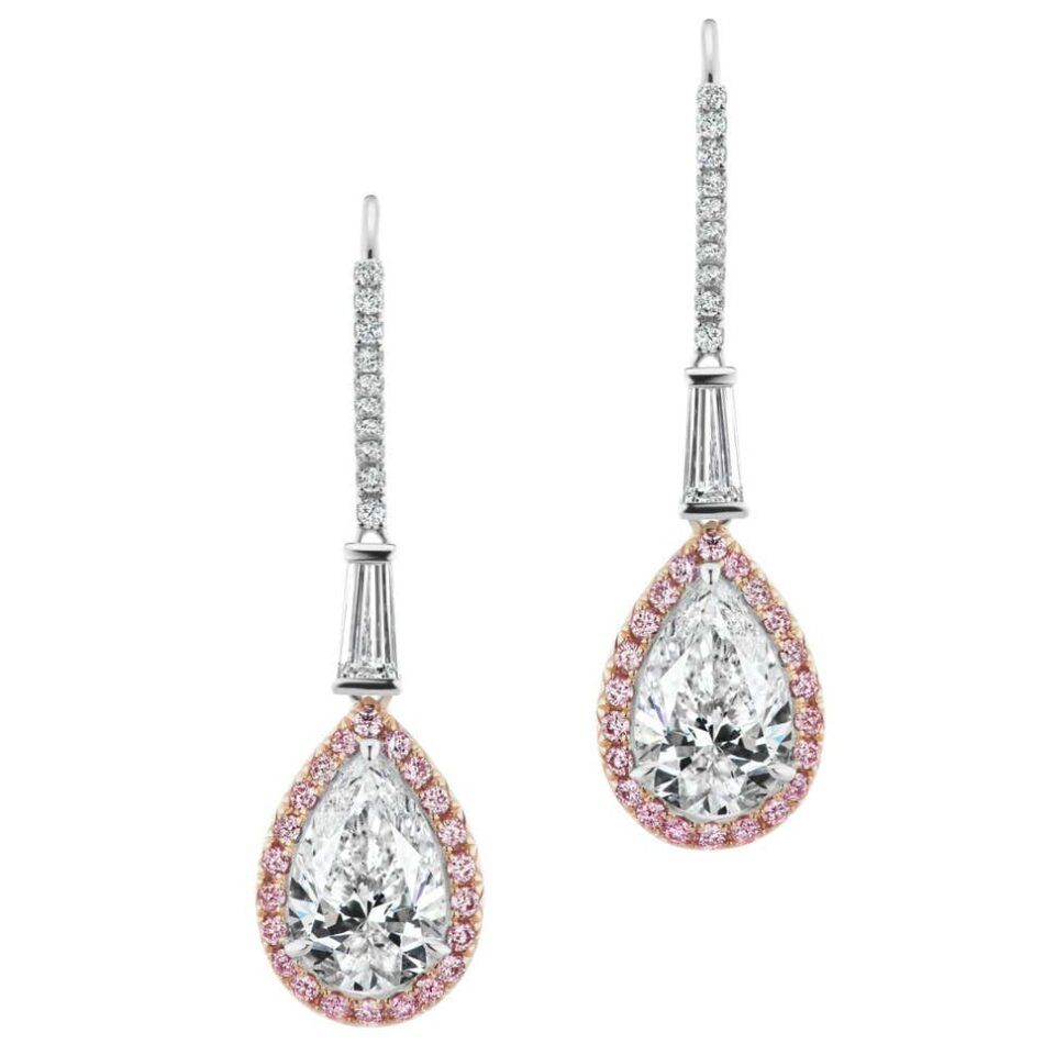 5.16 Carat Pear Diamond Dangle Earrings Pink Diamond Halo 18 Karat White Gold