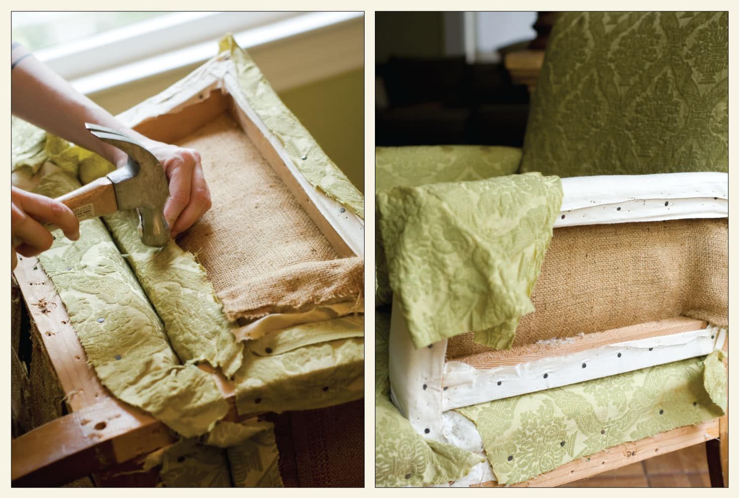 An upholsterer hammers nails into an armchair to hold the new fabric in place