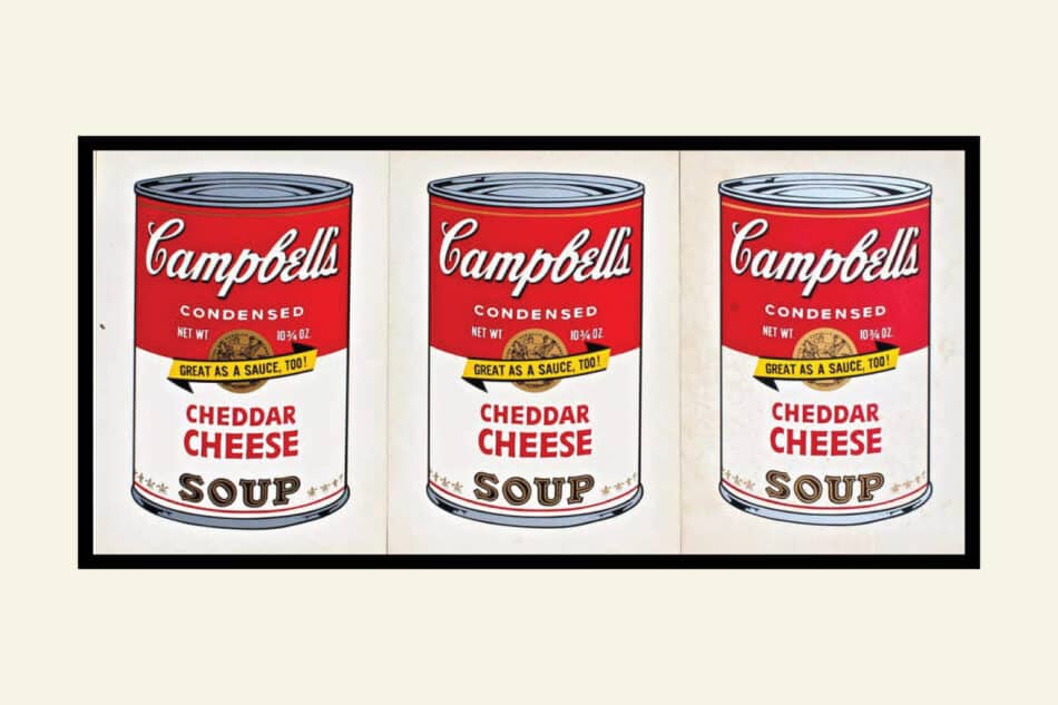 Andy Warhol's Pop Art painting, Campbell's Soup Cans which features three soup cans in a row