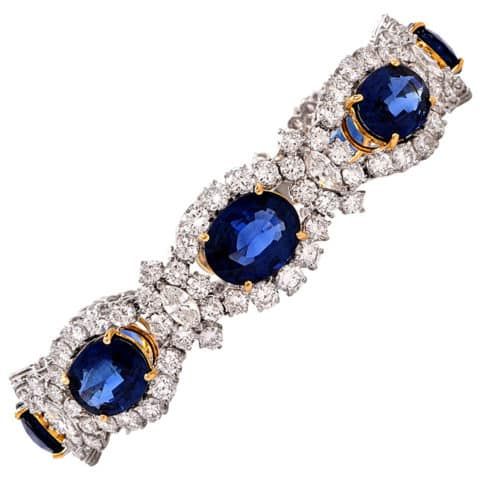 1980s sapphire and gold bracelet. Offered by Dover Jewelry & Diamonds. 